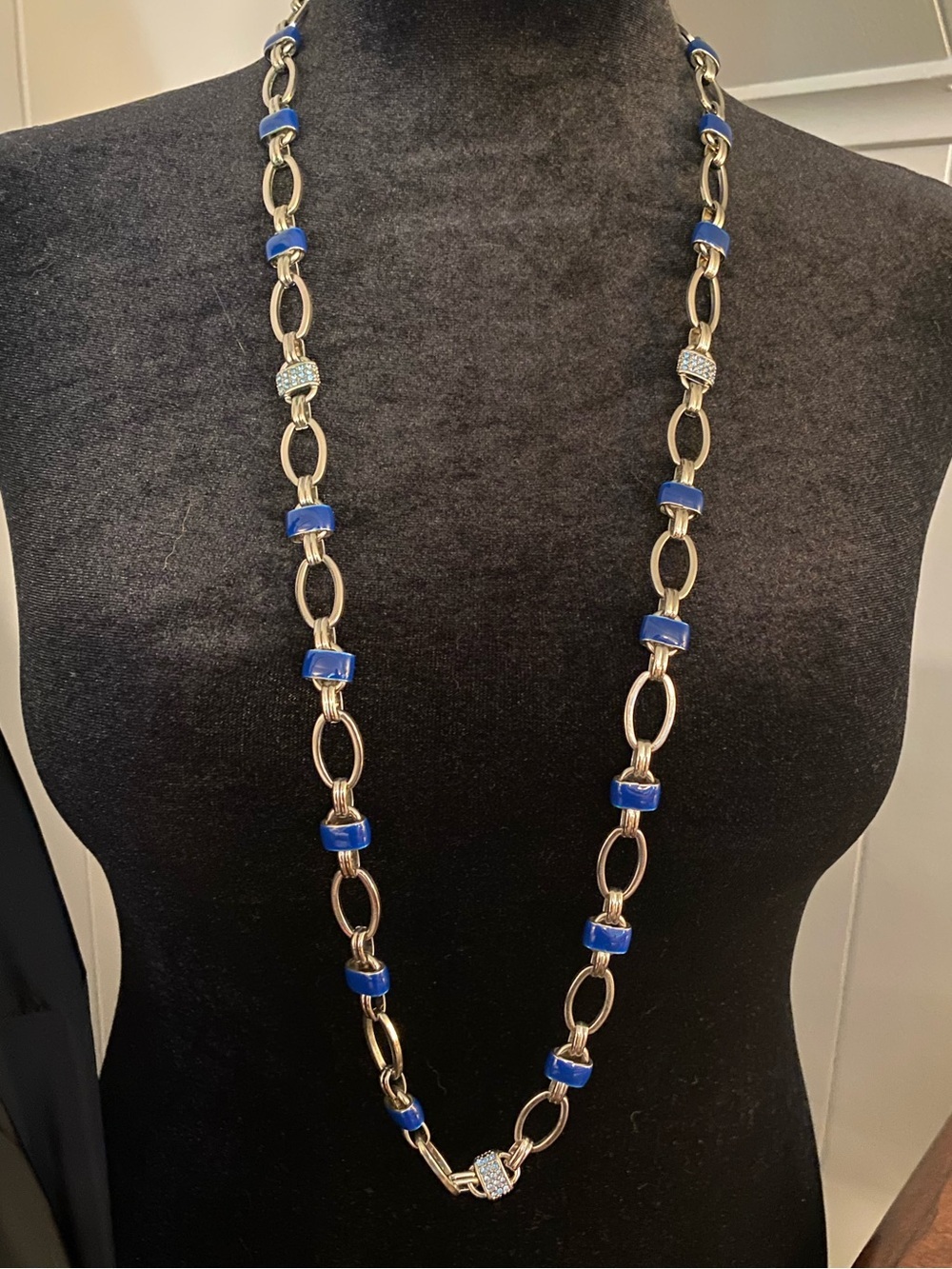 Coldwater Creek blue enamel and rhinestone link statement necklace
